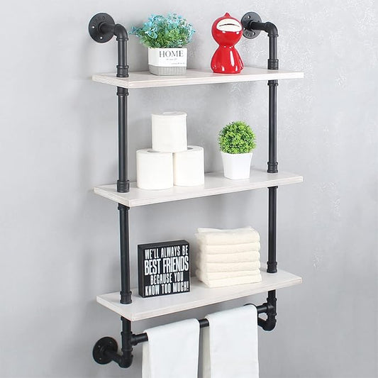Industrial Pipe Shelving,Iron Pipe Shelves Industrial Bathroom Shelves with Towel bar,24in Rustic Metal Pipe Floating Shelves Pipe Wall Shelf,3 Tier Industrial Shelf Wall Mounted,Black & White