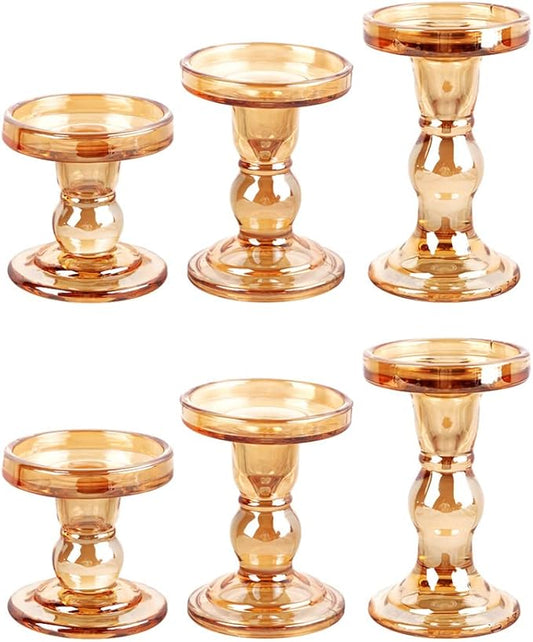 6-Piece Set of Amber Glass Candlestick, Crystal Candlestick Holder Holder and Conical Candle, Christmas Candle Holder Decoration, Family Living Room Wedding Candle Holder (Amber 2sets)
