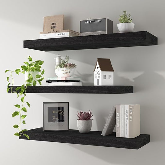 Floating Shelves 24 Inch Wall Shelf Solid Wood Mounted Storage for Bedroom Living Room Set of 3, Black Wall Shelves