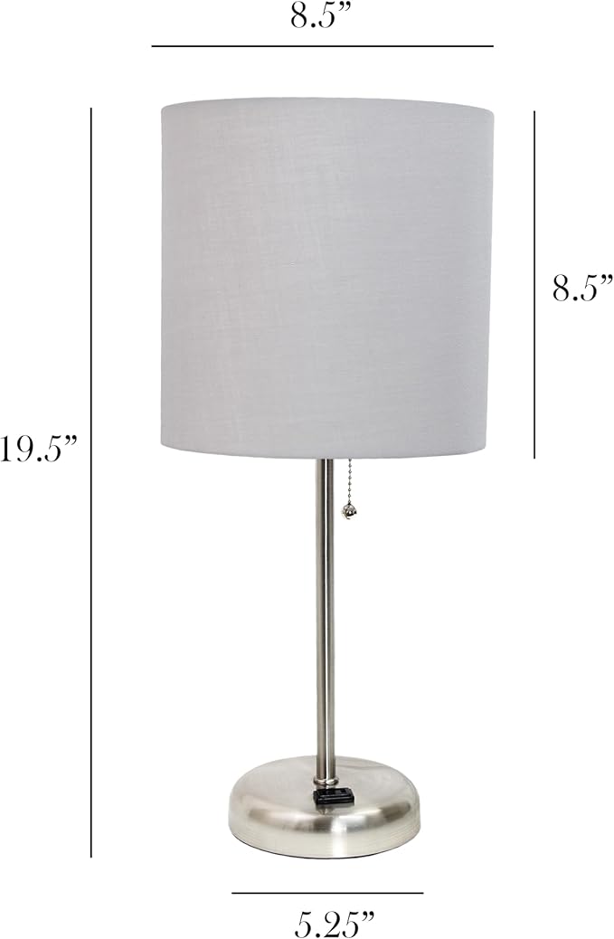 Simple Designs LT1144-GRY Sleek and Slender Brushed Steel Table Lamp with Charging Outlet, for Bedroom, Living Room, Entryway, Office, Dining Room, Study, Gray Shade