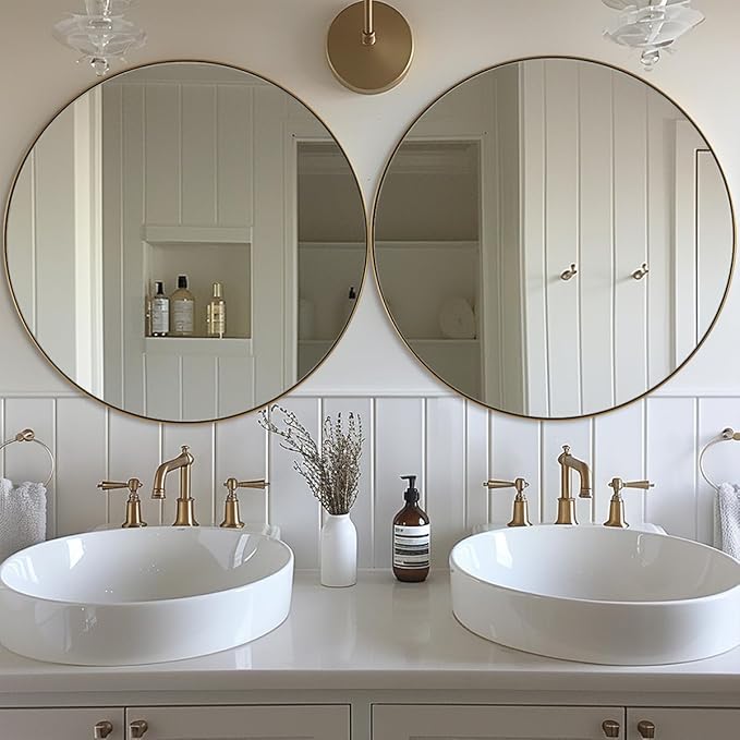 ANDY STAR Round Gold Mirror, 30'' Brass Mirror with Brushed Gold Frame, Wall Mounted Stainless Steel Metal Frame Round Mirror for Bathroom, Living Room, Bedroom