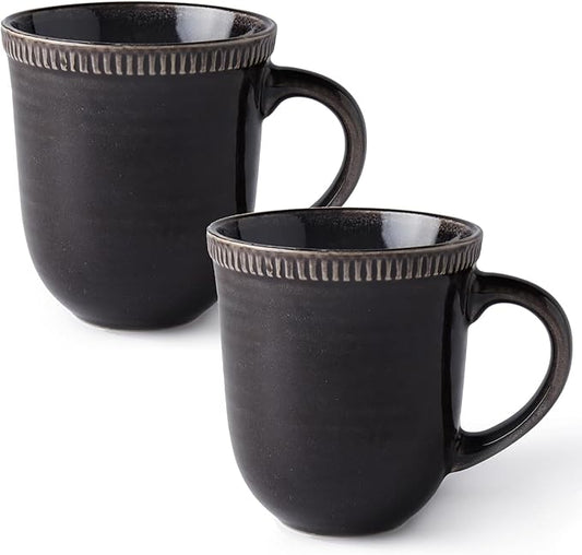 Ceramic Coffee Mugs, Set of Two, Black mugs, 15oz, Vintage Tea Cups with Handle for Office/Home, Handmade Pottery Mug, Embossment Craft, Dishwasher and Microwave Safe. (Black)