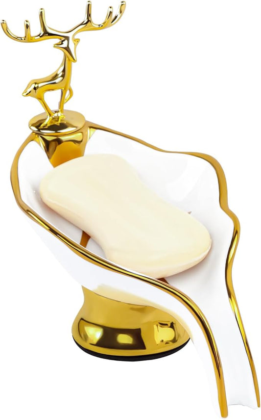 Leaf Shape Ceramic Soap Dishes - Self Draining Soap Dish for Shower, Bathroom Sink, Bathtub, Kitchen Counter (White)