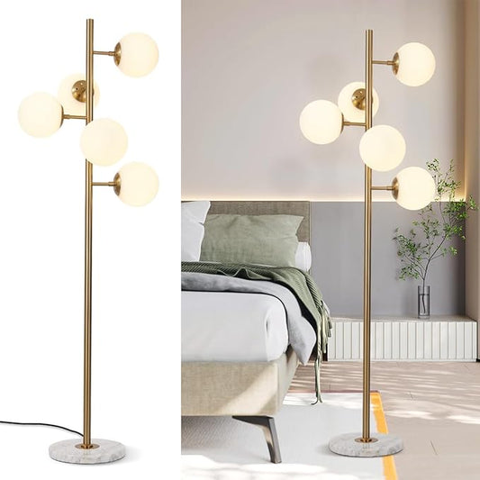 KCO Lighting 5-Light Frosted White Glass Globe Floor Lamp Mid Century Modern Gold Tall Pole Standing Light LED Standing Lamps with Foot Switch for Home Office (Gold)