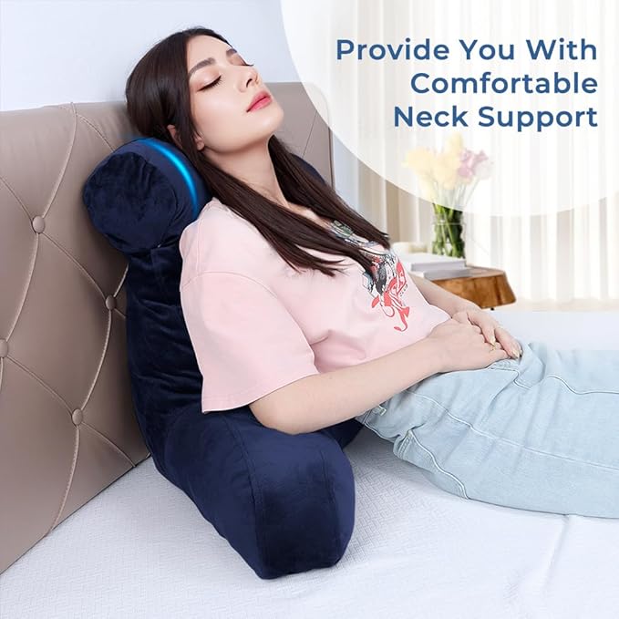 COOLBEBE Reading Pillow for Bed Backrest Pillow for Bed Sitting Up Adult with Arms Navy Back Support Pillow with Headrest & Pockets, Removable Washable Cover and Detachable Neck Roll(Standard 18")