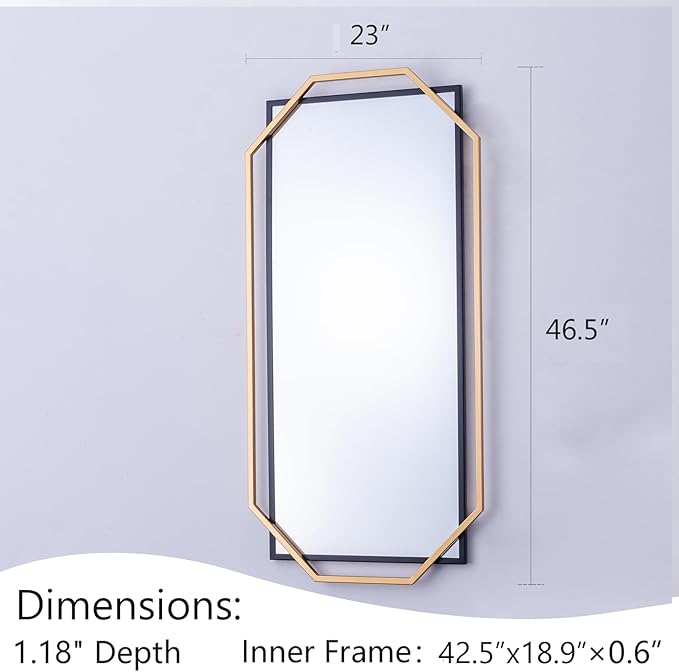 Large Black and Gold Frame Bathroom Mirror,Decorative Wall Mirror with Modern Metal Octagonal for Living Room, Bedroom, Dining Room, Entryway (46.5" x 23")