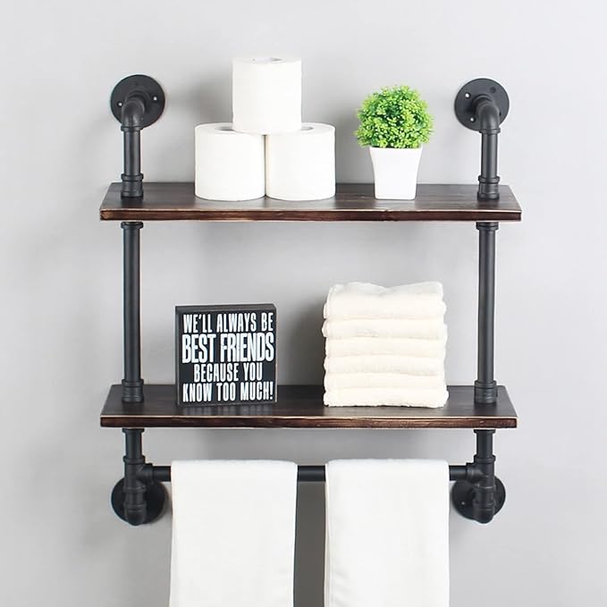 Pipe Shelving,Iron Pipe Shelves Industrial Bathroom Shelves with Towel bar,24in Rustic Metal Pipe Floating Shelves Pipe Wall Shelf,2 Tier Industrial Shelf Wall Mounted,Retro Black