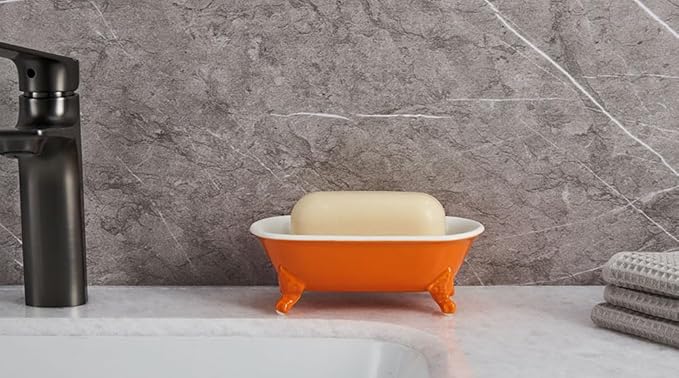 6.5" Ceramic Mini Decorative Clawfoot Bathtub Bar Soap Dish, Kitchen Sponge Holder and Shower Tray for Bathroom, 1 Pack(Tangerine)