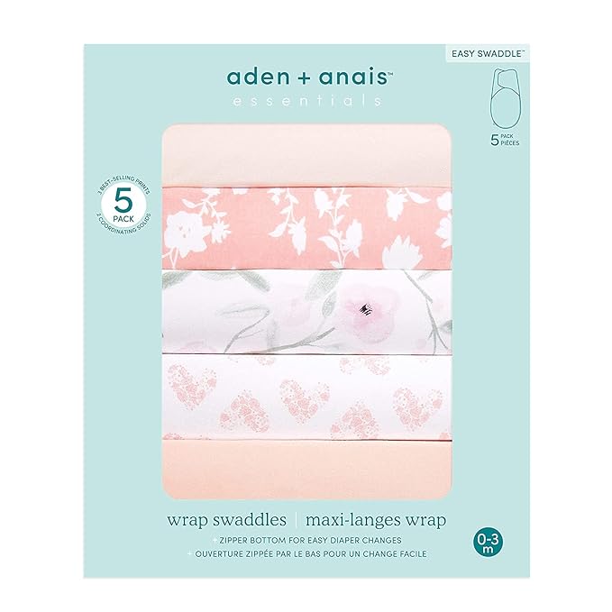 aden + anais, Cotton Knit Baby Wrap, Newborn Wearable Swaddle Blanket, 5 Pack, Feminine Florals, 0-3 Months