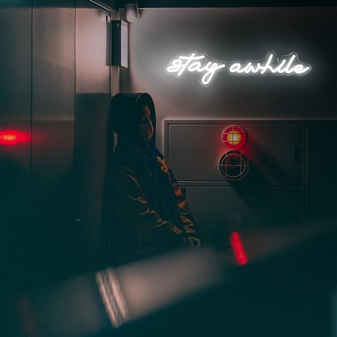 Stay Awhile Neon Signs - IMEGINA Dimmable LED Neon Sign for Wall Decor 19.7x5 Inch, USB Powered Neon Light for Bar Bedroom Home Room Pub Party (White)