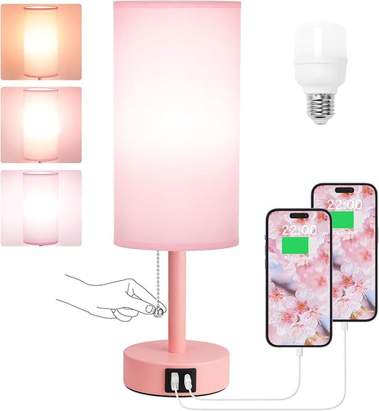 Hong-in Pink Table Lamp with USB-C and USB-A Charging Ports, Pull Chain, Nightstand Lamp for Bedrooms Living Room, LED Bulb Included