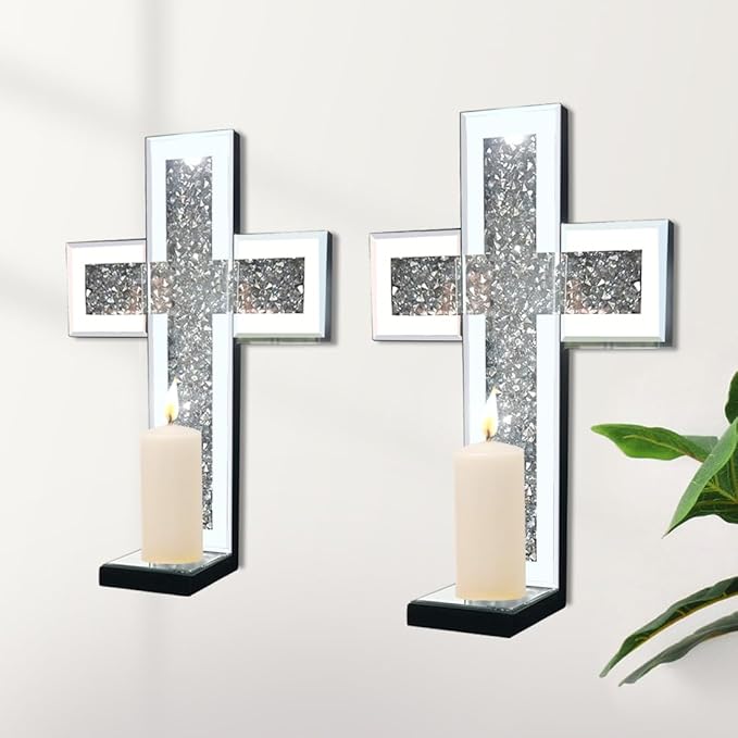 Crystal Crush Diamond Mirrored Candle Sconces, Silver Wall Candle Holder Set of 2, Wall Decoration for Living Room，Dining Room (Silver Cross)