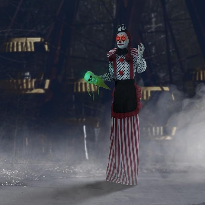 Haunted Hill Farm Life-Size Scary Talking Clown Girl, Creepy Halloween Prop with Touch Activated Lights, Poseable, Battery Operated Indoor or Covered Outdoor Halloween Decorations