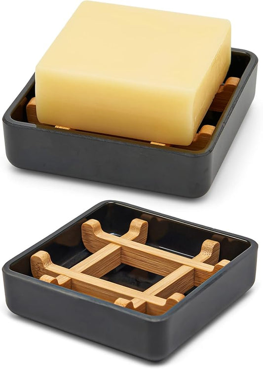 Bamboo Soap Dishes for Bar Soap Holders for Shower for Bathroom Sink Bulk Small Wooden Soap Tray Jabonera Pretty Neat Ventilated Soap Dish Disj Disk, Detachable (Single Right Angle Black)