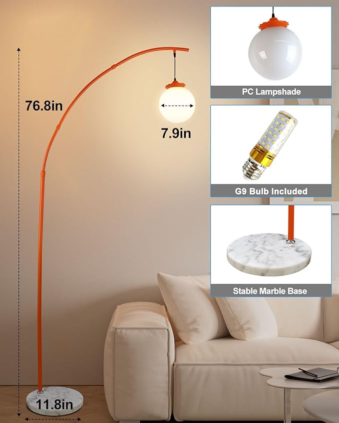 Lightdot Arc Floor Lamp for Living Room, 76Inch Tall Standing Lamp with Marble Base and Globe Bulbs Included, 3000K Warmwhite Modern Mid Century Floor Lamp for Bedroom & Home Office-Orange
