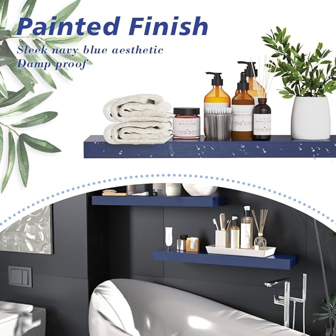 Floating Shelves, Bathroom Wall Shelf for Home Decor, 23.6 Inch Natural Wood Rustic Decor Shelf, Hanging Mounted Invisible Bracket, Set of 2, Navy Blue