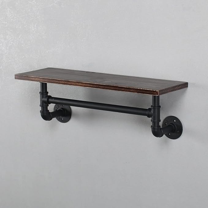 Industrial Pipe Shelving - Iron Bathroom Shelf With Towel Bar, 24in Rustic Metal Floating Wall Shelf, 1 Tier Retro Black