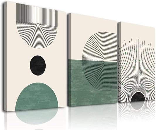 Sage Green Boho Wall Art, KBKBART Abstract Framed Canvas Wall Art for Living Room, Minimalist Beige Green Sun Geometry Black Line Artwork Paintings, Modern Sage Green Boho Room Decor, Green Wall Decor Ready To Hang for Bedroom Bathroom Office (16"x24"x3)