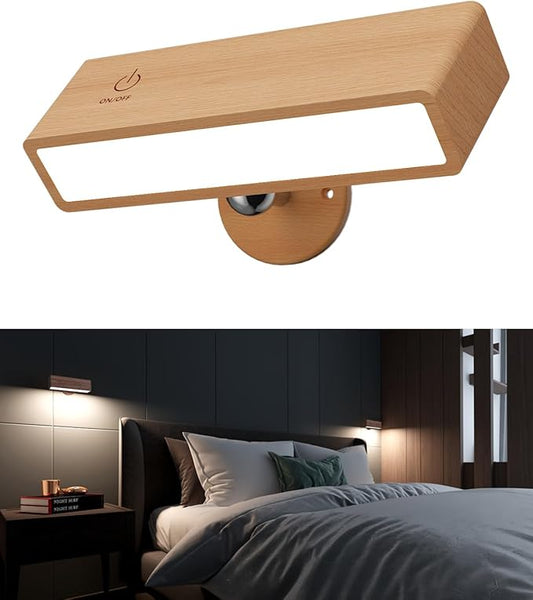YiLaie Battery Operated Wall Sconce,Wood Wireless Wall Lights for Bedroom,Cordless Rechargeable Wall Light,Bedside Battery Wall Mount Reading Lamp Dimmable,Magnetic Stick on Wall Lights for Bedroom