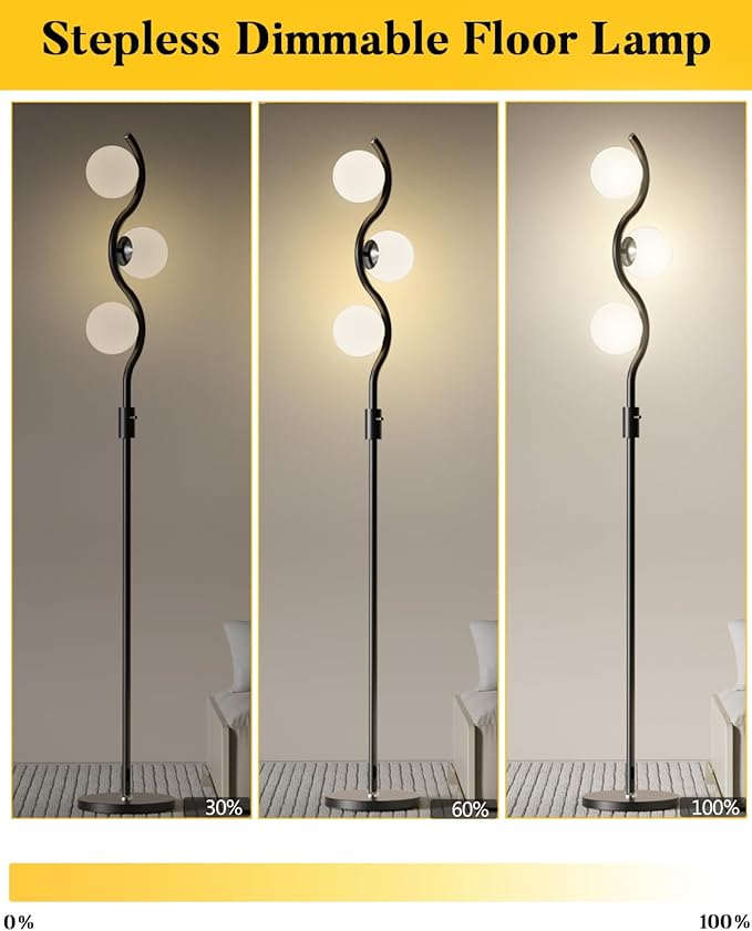 60IN Dimmable (Brightness Adjustable) Black Floor Lamp, Modern Standing Lamps with 3 Globe Soft Warm White 3000K Bulbs, Mid Century Floor Lamp for Living Room Bedroom Home Decor