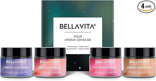 Bella Vita Organic Fall Decor Candles Set | Turkish Vanilla, French Lavender, Indian Cinnamon & California Rose | Wax Melts | Long Lasting, Home Decor, Wax Warmer | Candle Set (Set of 4)