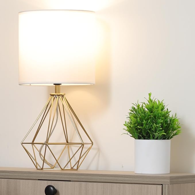 COTULIN Gold Modern Small Table Lamp for Bedroom & Living Room - Geometric Metal Base, White Fabric Shade, Ideal for Bedside & Kids' Desk, Nightstand Lamp