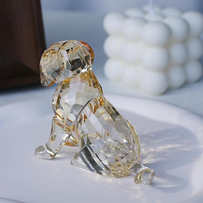 Crystal Dog Figurine Faceted Glass Puppy Statue Gold Labrador Ornament Animal Collectible Sculpture Handscraft Paperweight Home Decor