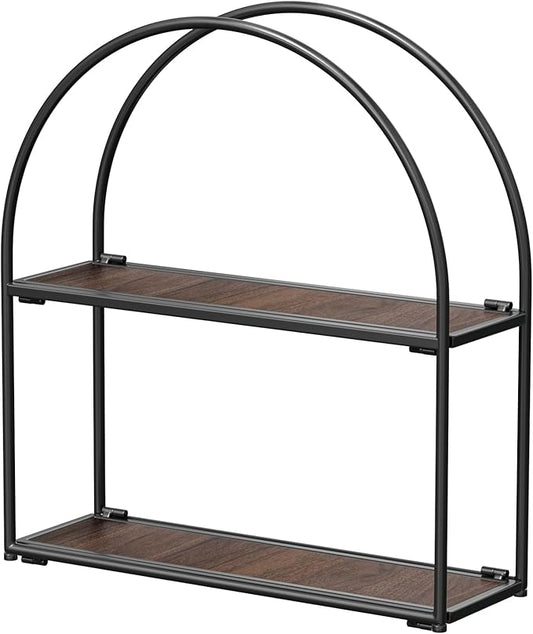 Crofy Black Arched Frame Wall Shelf, Decorative 2 Tier Bathroom Wall Shelf with Walnut Finish Shelves and Robust Storage Capacity, 6" D x 17.9" W x 19.18" H