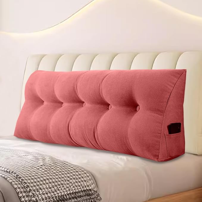 Large Triangular Headboard Pillows Long Backrest Positioning Support Bolster Cushion for Daybed Fluffy Quality Plush Body Wedge Pillow with Removable Cover(Rusty Red -Queen-59x8x20in)