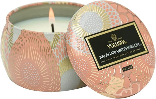 Voluspa Kalahari Watermelon, Mini Tin Candle, 4 oz, 25 Hour Burn Time, Coconut Wax Candle for The Home, Handcrafted in The USA