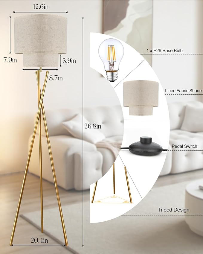 Lightdot Glod Tripod Floor Lamp, Modern Floor Lamps for Living Room, Standing Lamp with Double Linen Shade, E26 Bulb Included, 67.7" Tall Floor Lamp for Bedroom, Home Office
