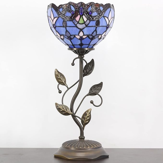 Small Tiffany Lamp Stained Glass Table Lamp Uplight Accent Lamp with Metal Leaf Base Blue Baroque Style Desk Light 8X19 Inch for Home Office Living Room Bedroom