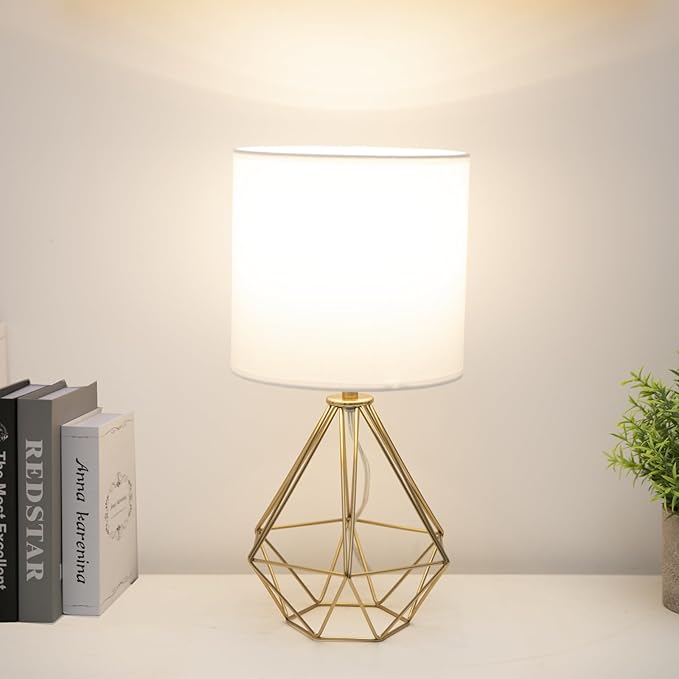 COTULIN Gold Modern Small Table Lamp for Bedroom & Living Room - Geometric Metal Base, White Fabric Shade, Ideal for Bedside & Kids' Desk, Nightstand Lamp