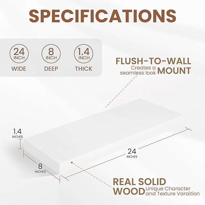 Fun Memories Rustic Floating Shelves for Home Decor, 8 Inch Deep Floating Shelf, Solid Wood Floating Wall Shelves 24 Inch Long, Deep Wall Shelves for Bathroom, Living Room, White Finsh, Set of 2