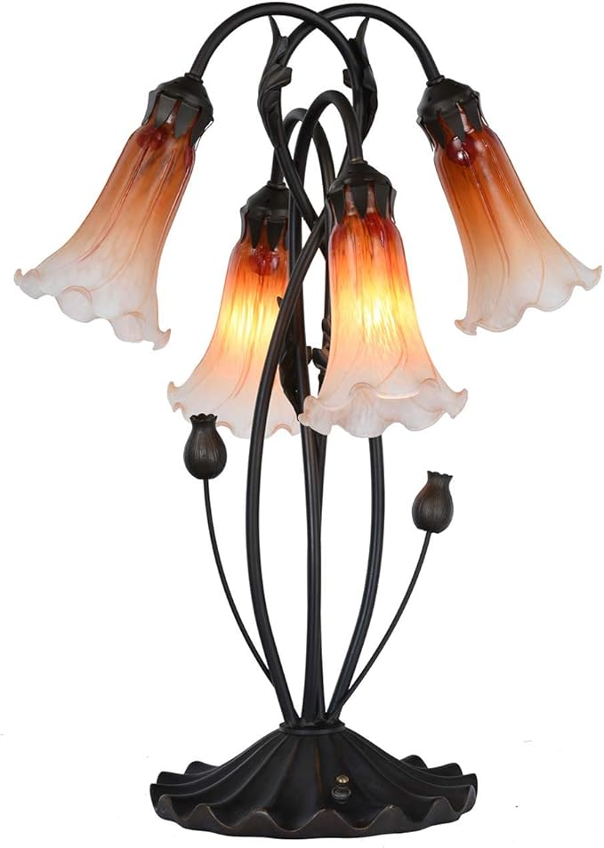 Bieye L10699 Lily Flower Blown Glass Accent Table Lamp for Living Room Bedroom Decoration (4-Light, Orange)