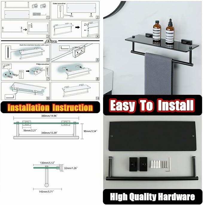 Alise Bathroom Shelves Glass Shelf with Bar,Wall Mount Floating Shelves for Bathroom,1 Tier Tempered Glass Holder Rack Storage Organizer,SUS304 Stainless Steel GOY6380-B Black