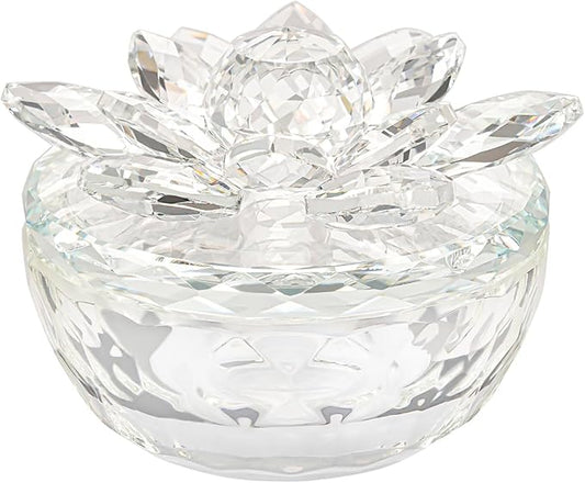 Crystal Jewelry Box Lotus Glass Jewelry Trinket Box with Lid Decorative Box to Ring Earrings Necklace Storage Holder for Home Decor (Transparent)