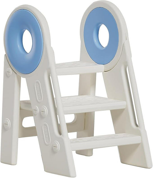 Step Stool for Kids Toddler, Adjustable 3 Folding, Learning Helper Stool for Bathroom Sink Toilet Potty Kitchen Counter with Handles and Non-Slip Pads(Blue)