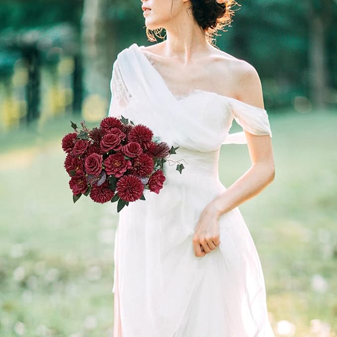 Premium Burgundy Silk Flowers Bouquet, Artificial Floral Arrangements, Fake Flower for Wedding Bridal Bouquets, Home Decorations, Baby Shower, Table Centerpieces