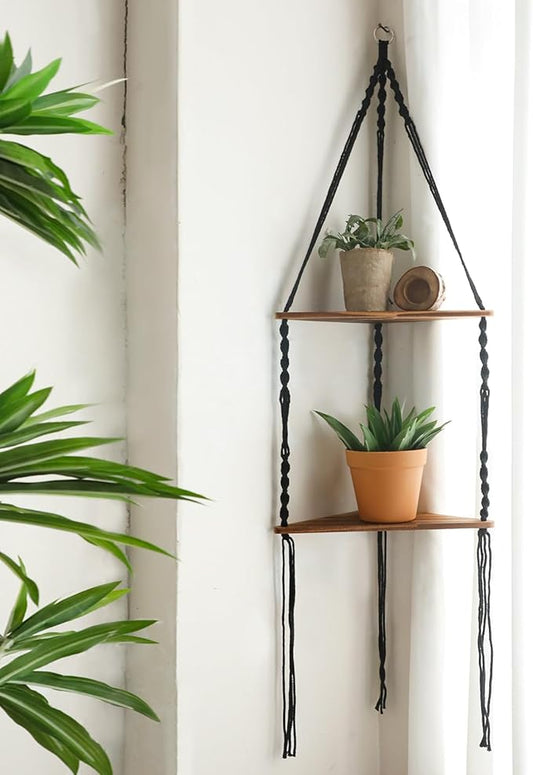 Artilady Macrame Corner Shelf Wall Hanging - 2 Tier Black Corner Floating Shelves Boho Wall Decor, Rustic Wooden Plant Shelf Storage Rack for Bedroom Living Room Bathroom
