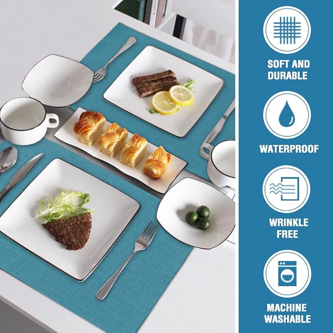 H.VERSAILTEX Linen Placemats Set of 6 Premium Solid Table Mats for Dining Table Spill-Proof Waterproof Heat-Resistant Kitchen Mats Washable, 12x18 inches, Teal