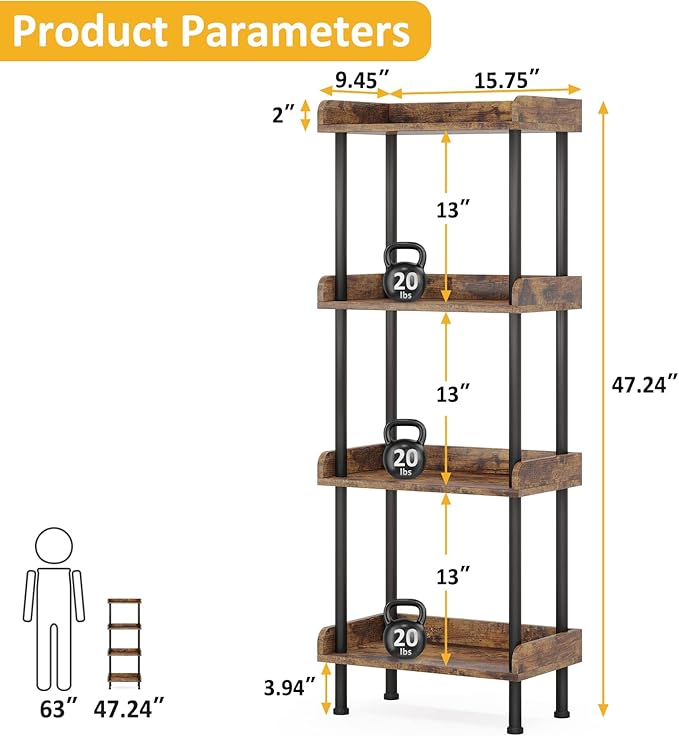 Hosfais Bookcase 4 Tier Bookshelf, Vintage Small Bookshelf for Spaces, Wooden Book Shelf for Living Room Bedroom