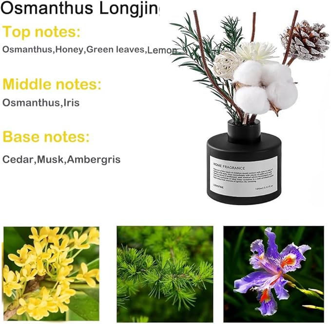 Reed Diffuser Set with Dried Flowers, 3.38fl.oz Fragrance Diffuser with Sticks, Scented Sticks Aroma Diffuser, Home & Office Décor for Air Fresheners, Bathroom (Osmanthus Longjing)
