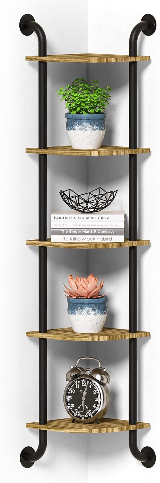 Corner Shelf Wall Mount 5-Tier, Wall Decor for Home Living Room Bedroom, Wall Corner Shelves Bookshelf, Rustic Industrial Pipe Shelves, Brown