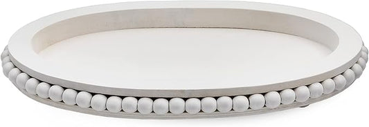 AuldHome Wood Beaded Tray (White), Decorative Farmhouse Style Oval Wooden Tray