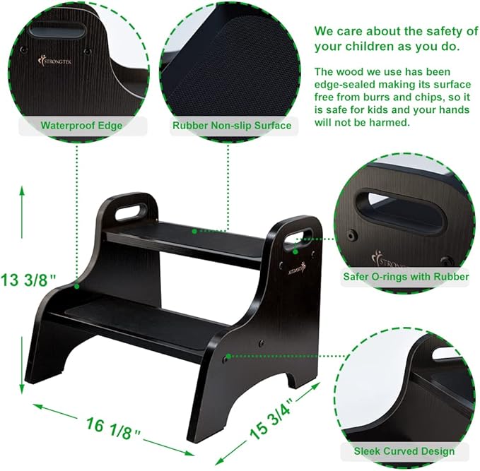 StrongTek Wood 2 Step Stool for Kids with Non-Slip Stepping Surface, Portable Handles, Skid Resistant Foot Pads, and 300 lbs. Capacity, Multipurpose Heavy-Duty Support (Espresso)