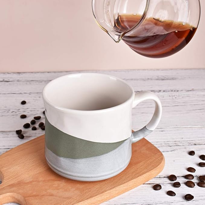 Bosmarlin Large Stoneware Coffee Mug, Big Tea Cup for Office and Home, 21 Oz, Dishwasher and Microwave Safe, 1 PCS (Geometry-Green)
