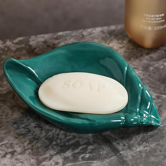 Sea-Shell Soap Holder, Ceramic Soap Tray with Self Draining, Soap Tray for Sink Washroom Bathroom Shower, Small Cute and Elegant Holder with Glaze, Easy Cleaning (Green)