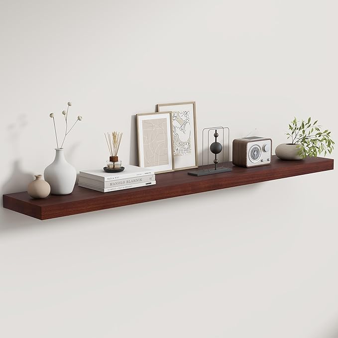 Fun Memories Rustic Real Wood Floating Shelves, 8 Inch Deep Floating Shelf Wall Mounted, 48" W x 8" D Wall Shelves Storage Shelves for Living Room, Bedroom, Bathroom, Walnut Finish, Set of 1