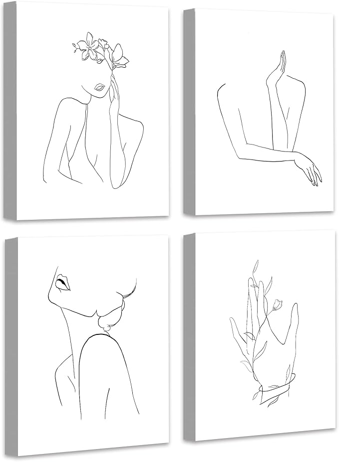 Minimalist Line Art Prints Wall Decor Abstract Flower Line Art Modern Black and White Artwork Women Office Bedroom Bathroom Decoration FRAMED 8"x10" 4 Piece Set